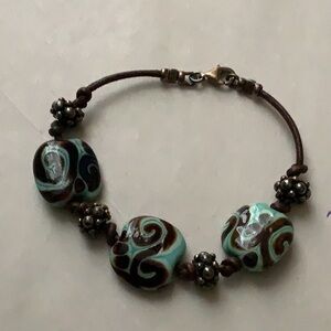 Brown blue green Beaded leather Bracelet